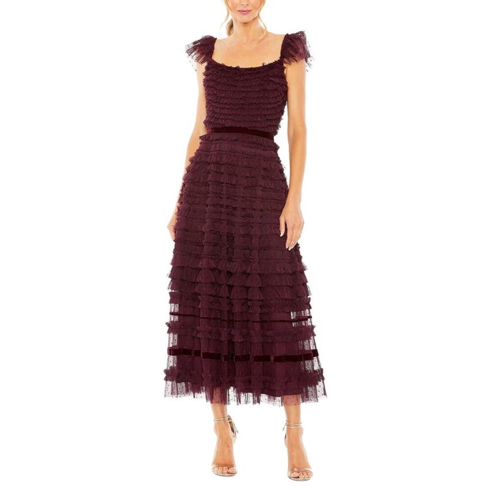 Mac Duggal Womens Flutter Sleeve Tiered Ruffle Midi Dress